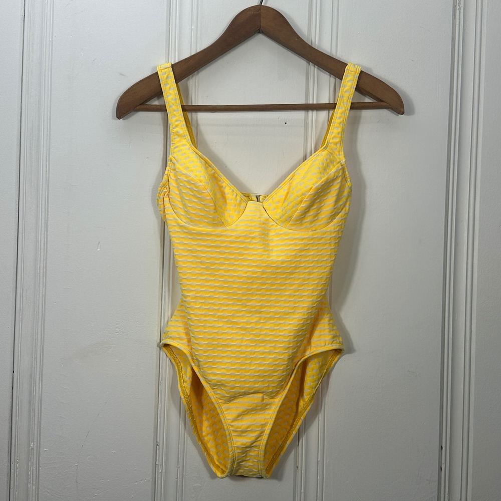 Vintage 90s Sessa Yellow Striped One Piece Swimsuit Size 10 High Cut Open Back